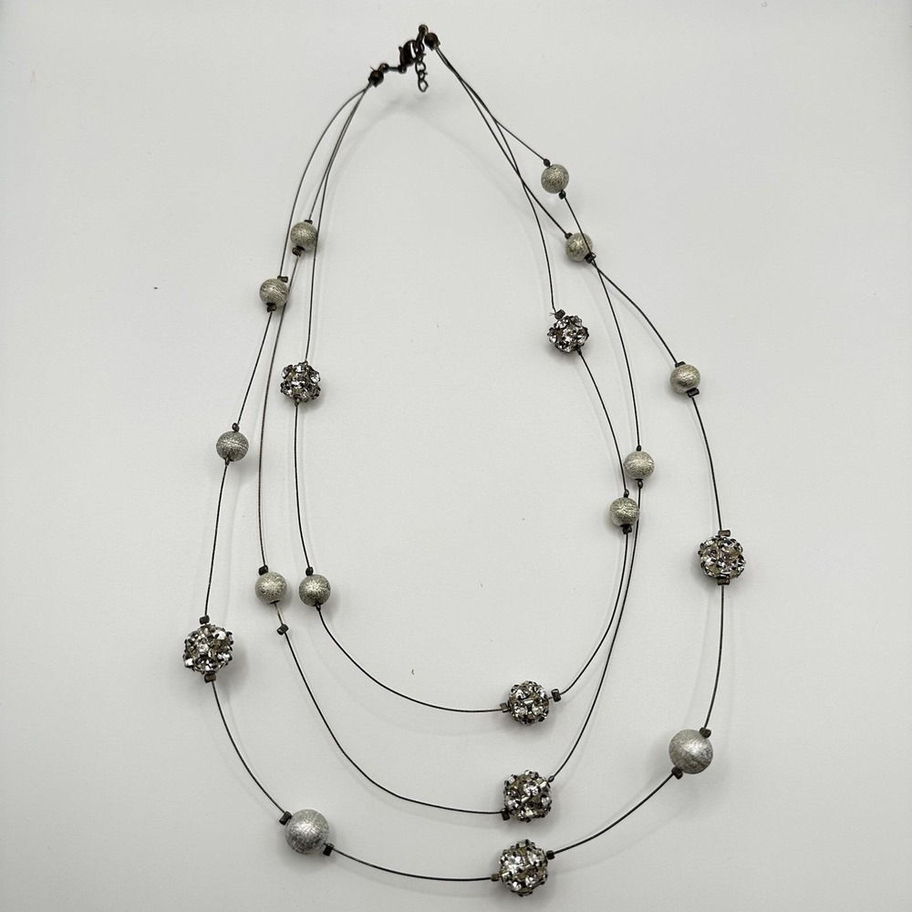 VTG Y2K‎ Women's Silver Tone Necklace Multi Strand Layered Beaded Gemstone 19" - Picture 2 of 6